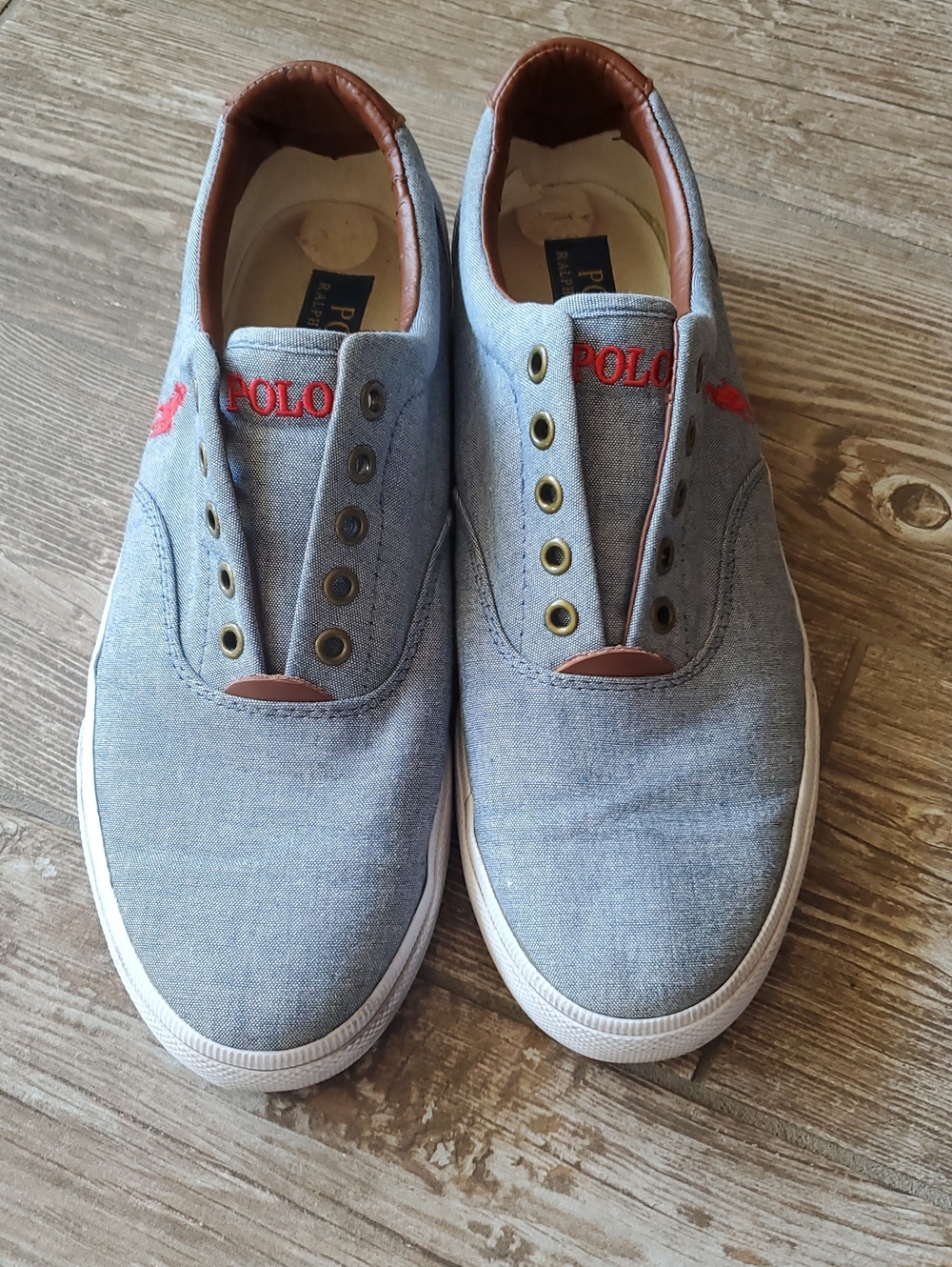 Polo by Ralph Lauren Light Blue Canvas Slip-On Loafers with Red Logo, Size 10.5D